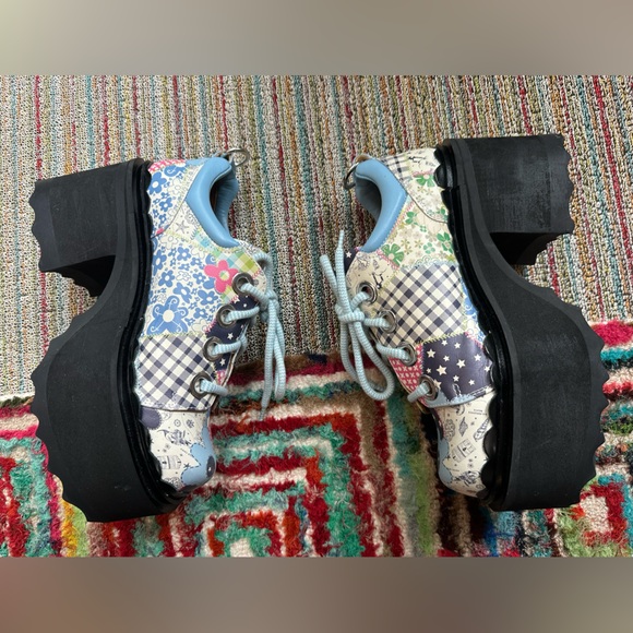 Fluevog NEW WO BOX Skyhigh F Fizzy blue/flowery leather platform lace-up shoe 10 - Picture 11 of 16